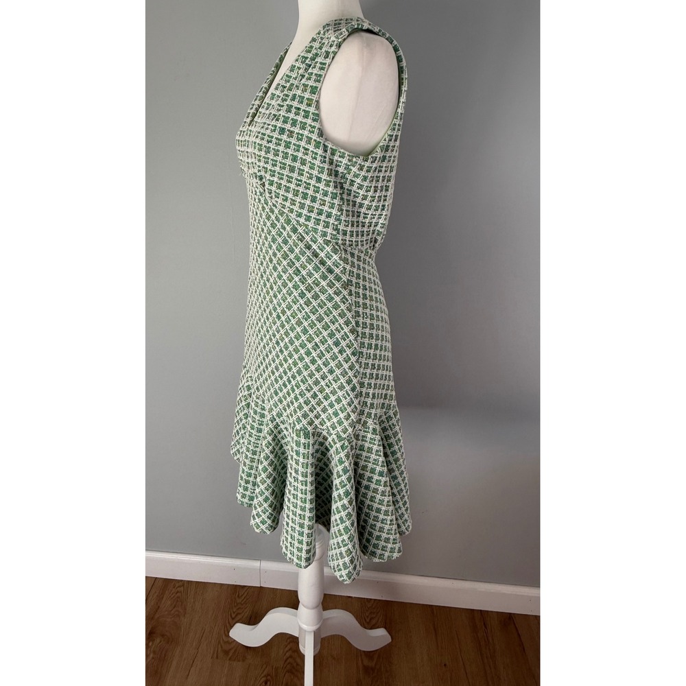 Taylor Plaid Tweed V-Neck Flounce Hem Sleeveless Mini Dress Green White Size 8 - Picture 5 of 14